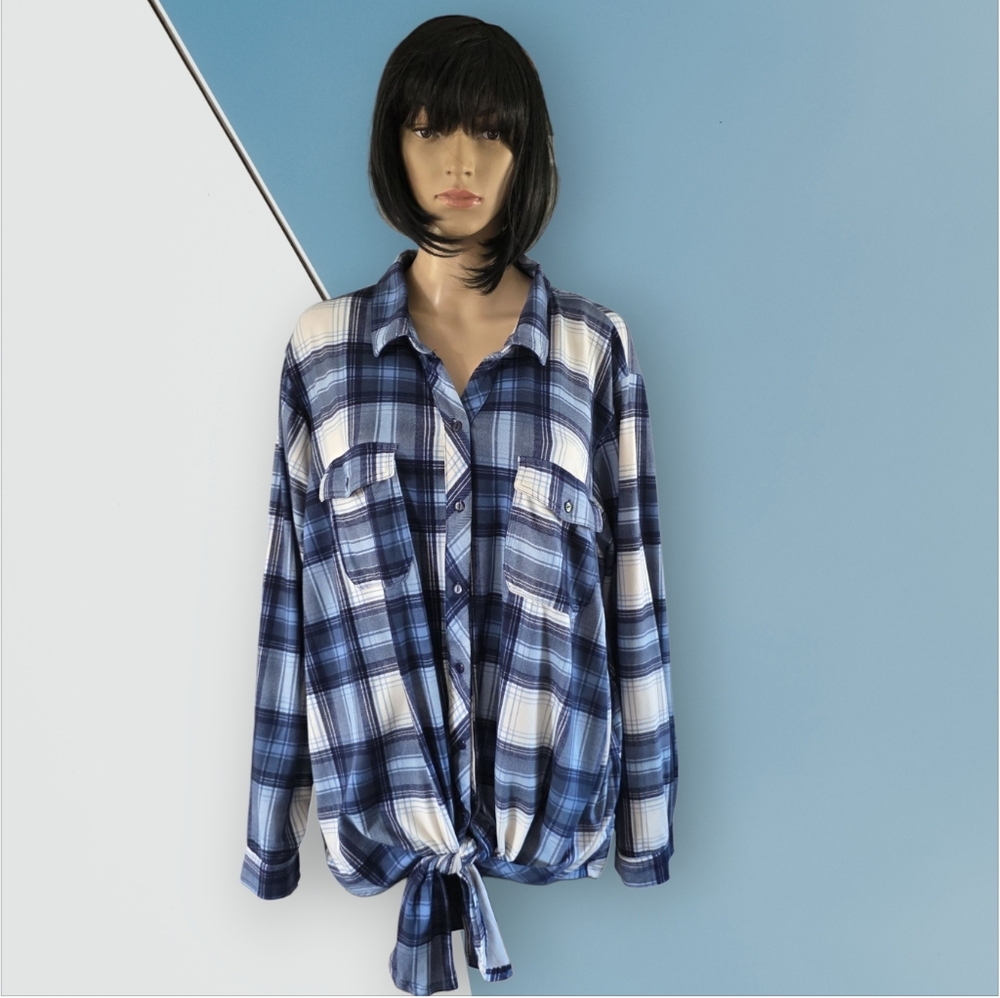 2/25$ My Style Blue Plaid Tie Front Women's Top, Plus Size 2X